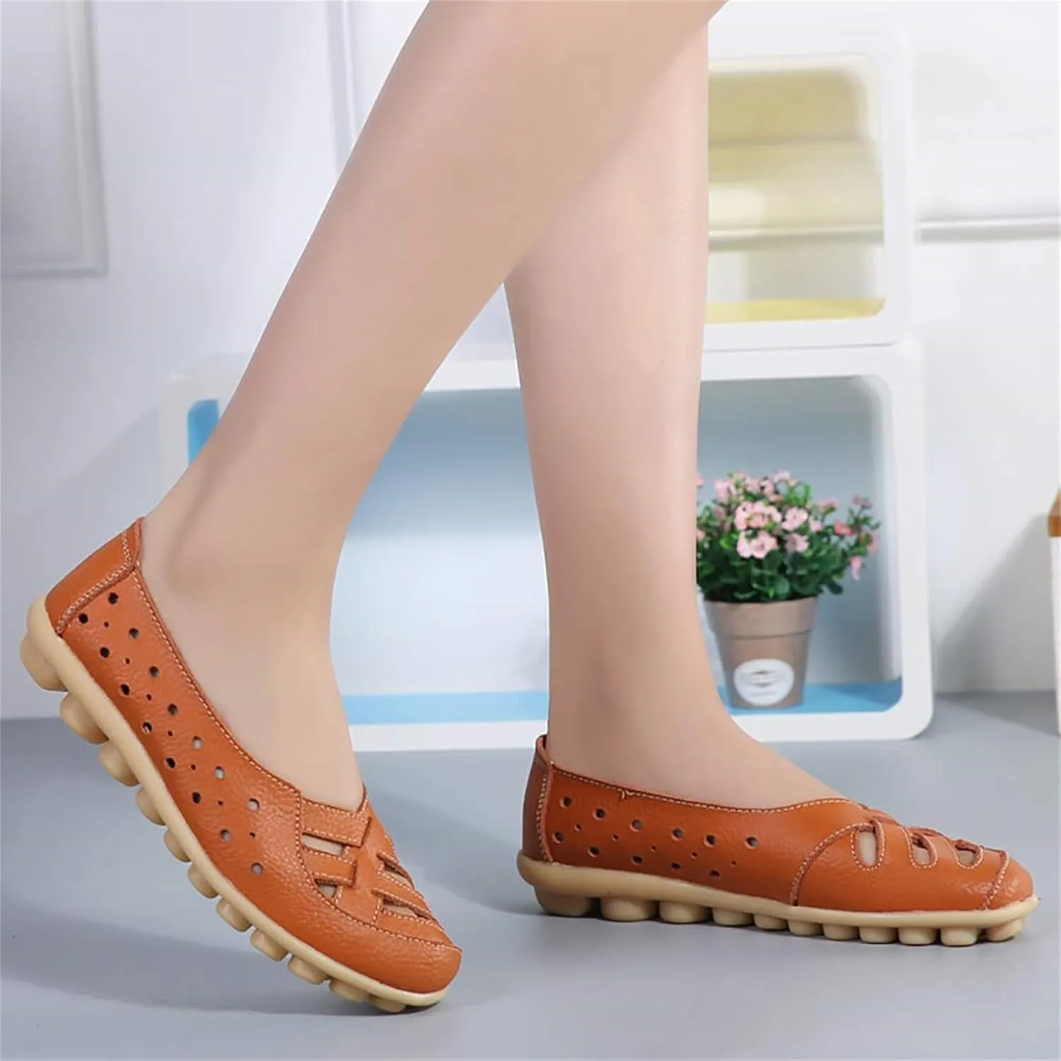 womens comfort sandals Breathable Leather Hollow Out Loafer Flats Summer Slip-On Cutout Sandals Casual Round Toe Orthopedic Loafers Fashion Soft Shoes
