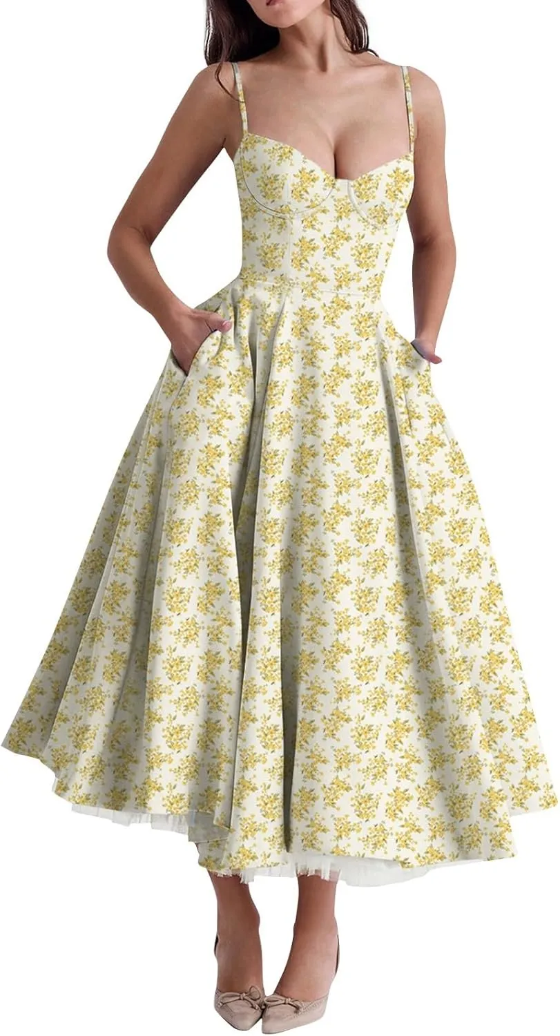 Women's Corset Dress Spaghetti Strap Bustier Midi Dress Low Cut Flowy Pleated Hem Summer Party Dresses with Pockets