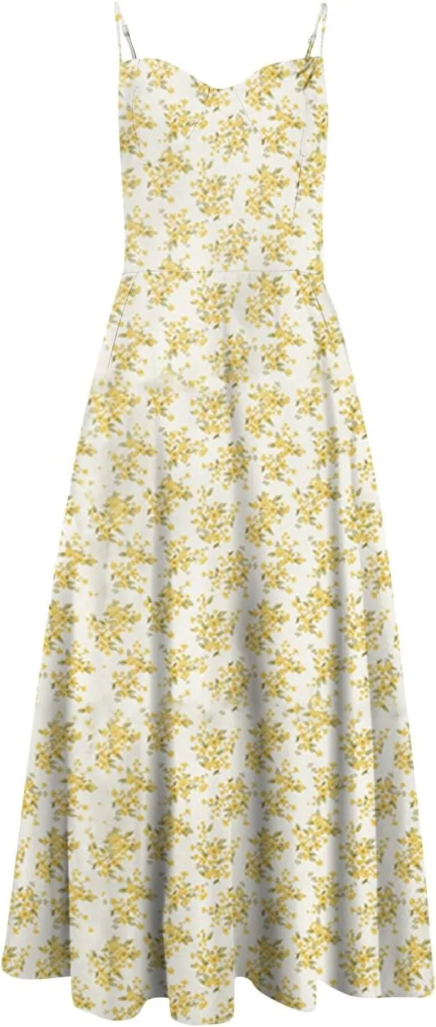 Women's Corset Dress Spaghetti Strap Bustier Midi Dress Low Cut Flowy Pleated Hem Summer Party Dresses with Pockets