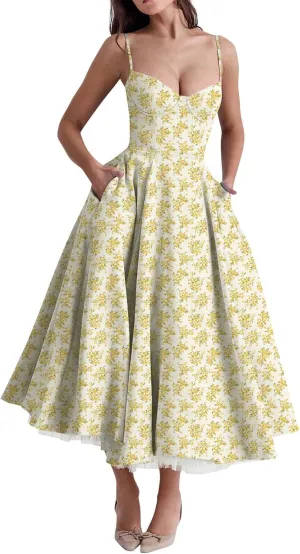 Women's Corset Dress Spaghetti Strap Bustier Midi Dress Low Cut Flowy Pleated Hem Summer Party Dresses with Pockets