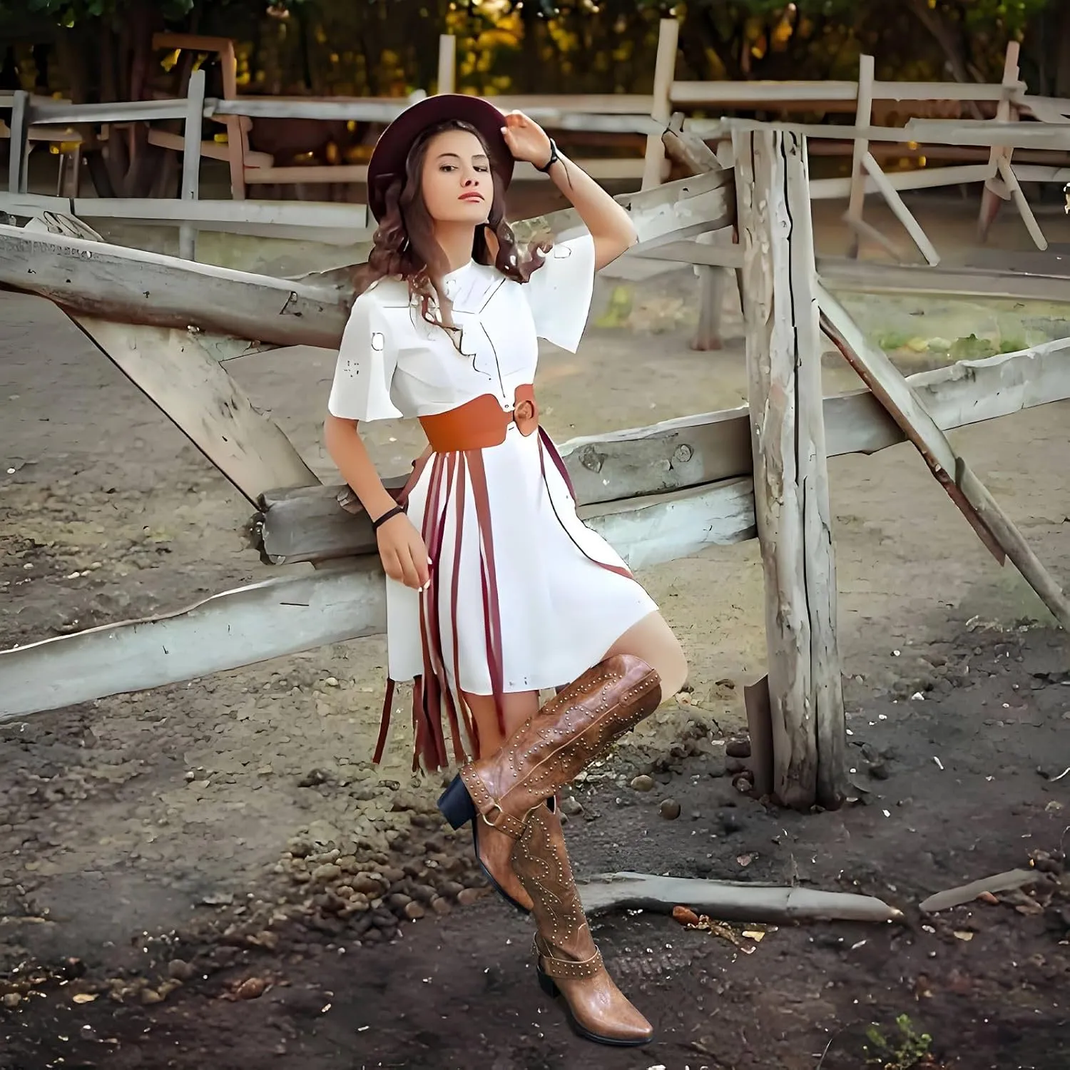 Women's Cowboy Boots Cowgirl Knee High Boots Wide Calf Western Boots Pointed Toe Studded Fashion Thigh High Boots