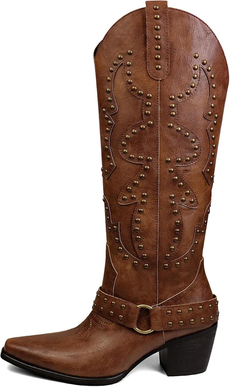 Women's Cowboy Boots Cowgirl Knee High Boots Wide Calf Western Boots Pointed Toe Studded Fashion Thigh High Boots