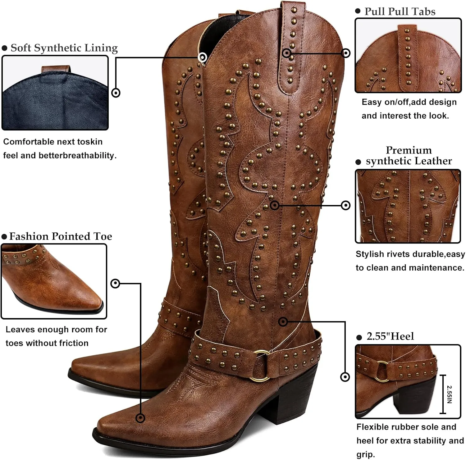 Women's Cowboy Boots Cowgirl Knee High Boots Wide Calf Western Boots Pointed Toe Studded Fashion Thigh High Boots