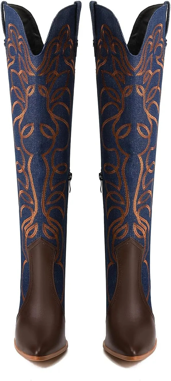 Women's Cowboy Boots Wide Calf Stiletto Knee High Fashion Pointed Toe Side Zipper High Heel Boots