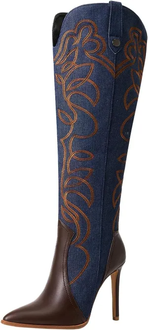 Women's Cowboy Boots Wide Calf Stiletto Knee High Fashion Pointed Toe Side Zipper High Heel Boots