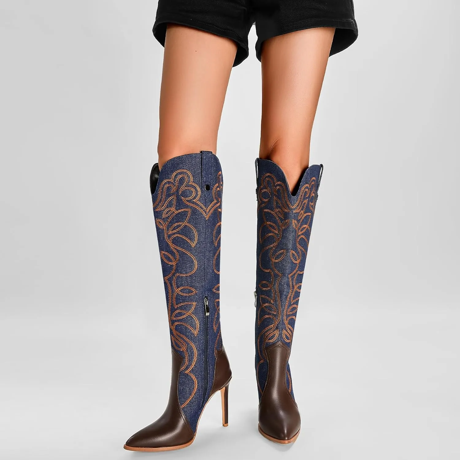 Women's Cowboy Boots Wide Calf Stiletto Knee High Fashion Pointed Toe Side Zipper High Heel Boots