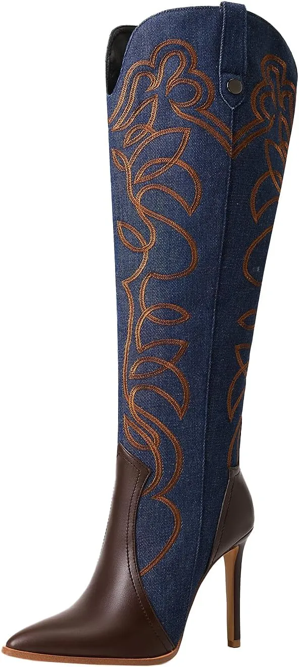 Women's Cowboy Boots Wide Calf Stiletto Knee High Fashion Pointed Toe Side Zipper High Heel Boots