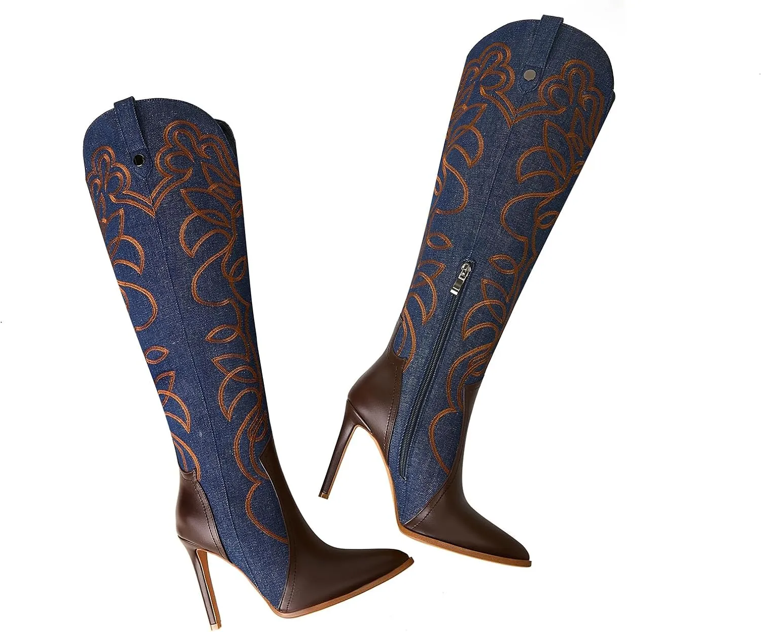 Women's Cowboy Boots Wide Calf Stiletto Knee High Fashion Pointed Toe Side Zipper High Heel Boots