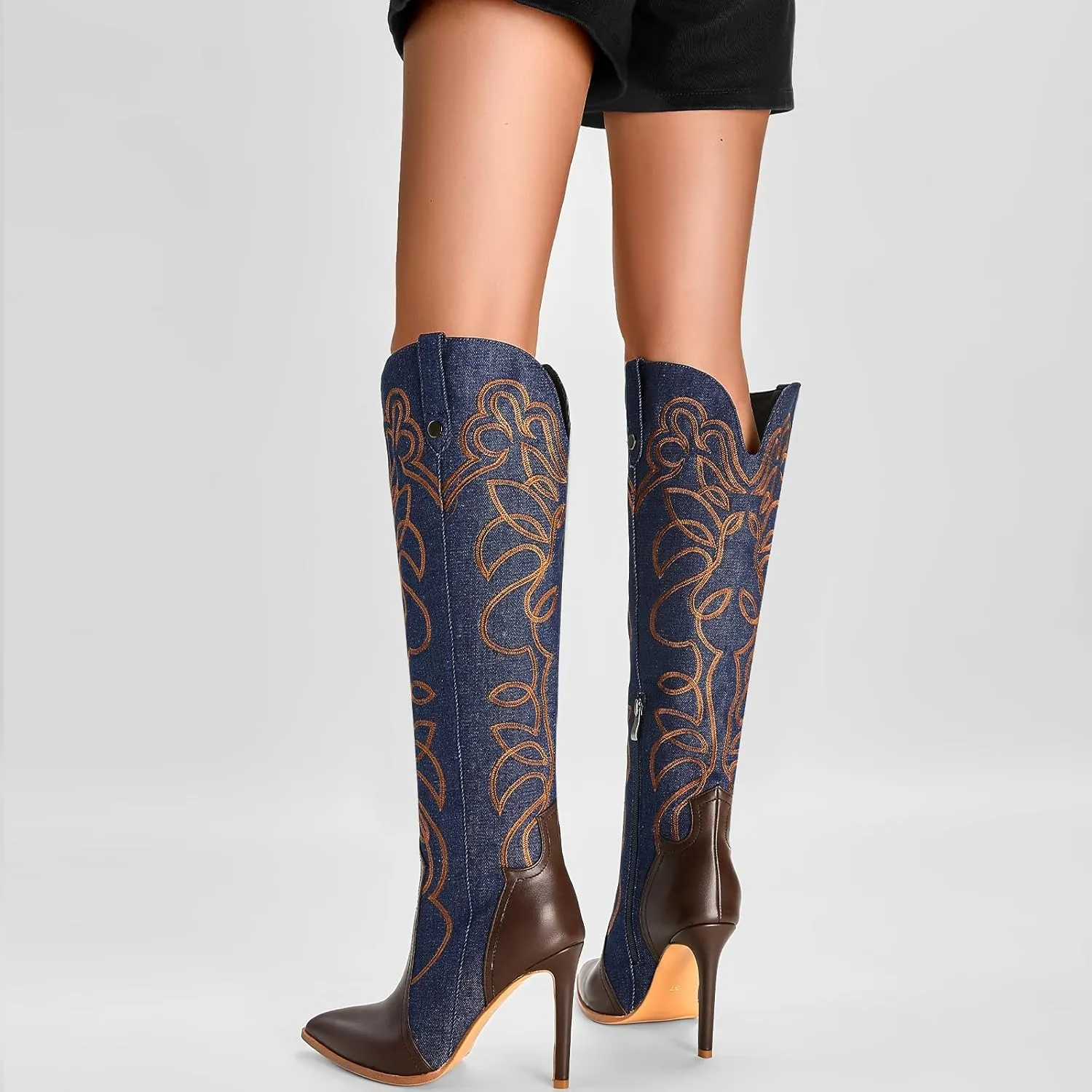 Women's Cowboy Boots Wide Calf Stiletto Knee High Fashion Pointed Toe Side Zipper High Heel Boots