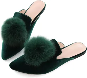 Women's Cute Pom Pom Mules Velvet Flats Shoes for Girls,Sexy Pointy Toe Slip On Mules Slides Office Work Backless Loafers Green Size 8.5
