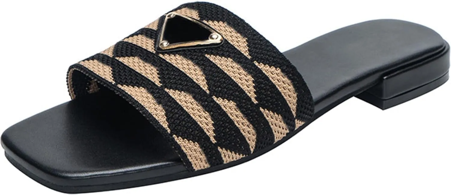 Womens Embroidered Slides Flat Sandals Summer Square Open Toe Beach Fashion Slide Sandals