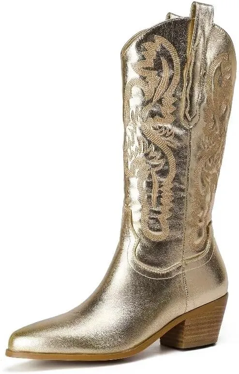 Women's Embroidered Western Cowboy Boots Cowgirl Boots Mid Tube Pointed Toe Chunky Heel Shiny Vintage Fashion Gold Boots