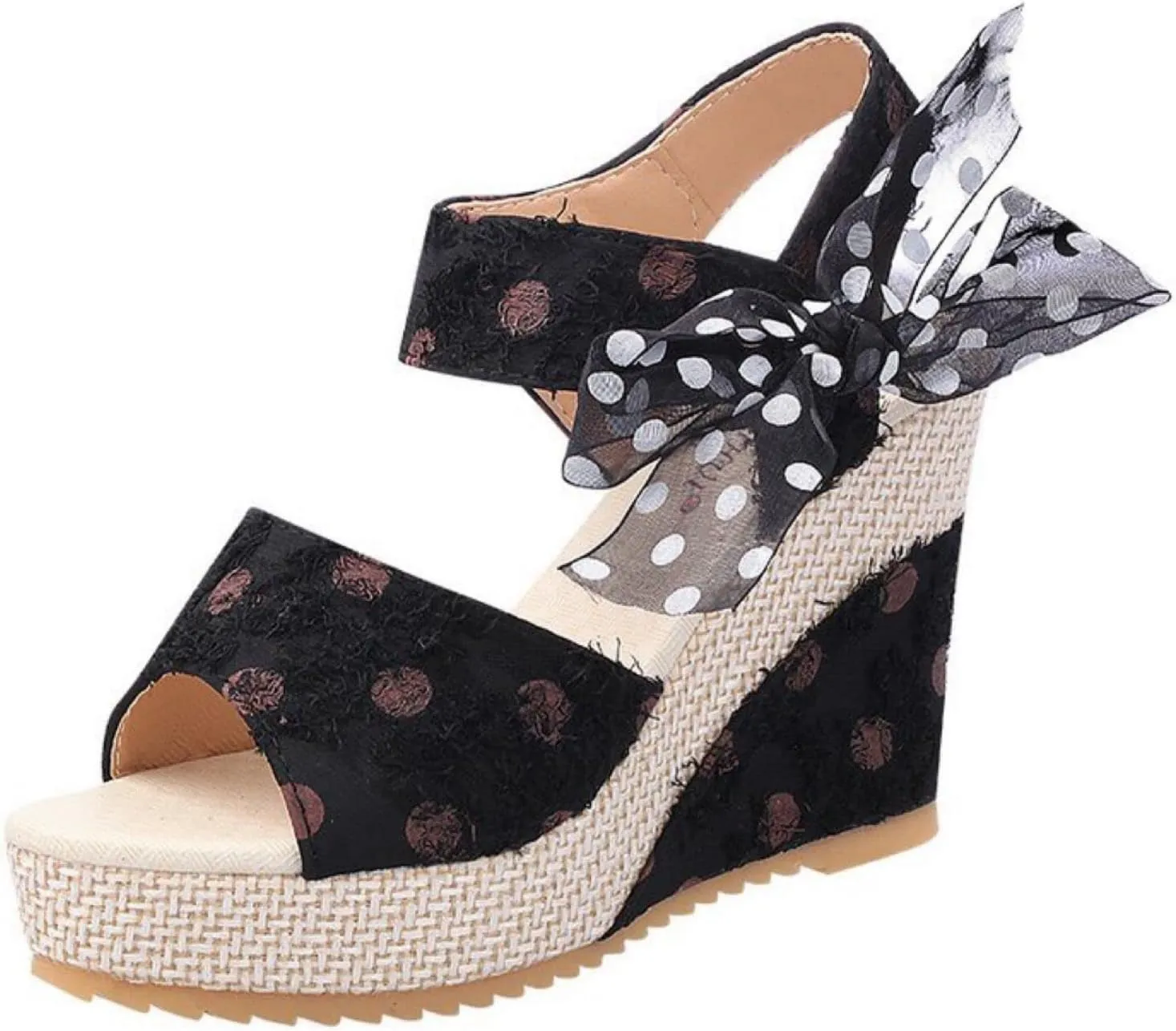 Womens Espadrille Wedges Sandals Heels Open Toe Tie Lace Up Platform Ankle Strap Summer Dress Shoes, Elegant Polka Dot Print Bowknot Wedge Sandals