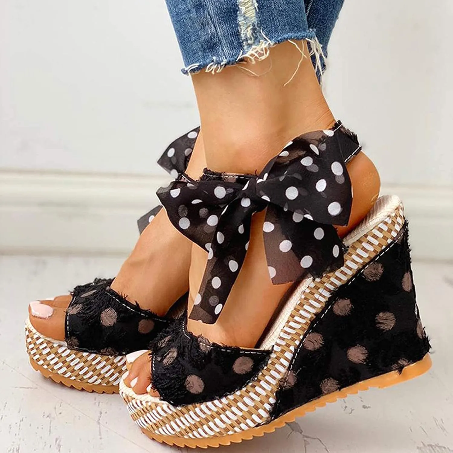 Womens Espadrille Wedges Sandals Heels Open Toe Tie Lace Up Platform Ankle Strap Summer Dress Shoes, Elegant Polka Dot Print Bowknot Wedge Sandals