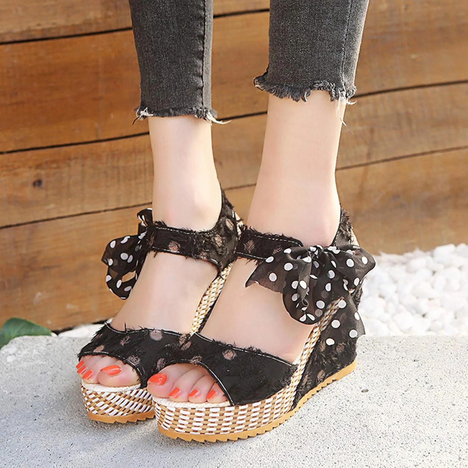 Womens Espadrille Wedges Sandals Heels Open Toe Tie Lace Up Platform Ankle Strap Summer Dress Shoes, Elegant Polka Dot Print Bowknot Wedge Sandals