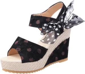 Womens Espadrille Wedges Sandals Heels Open Toe Tie Lace Up Platform Ankle Strap Summer Dress Shoes, Elegant Polka Dot Print Bowknot Wedge Sandals