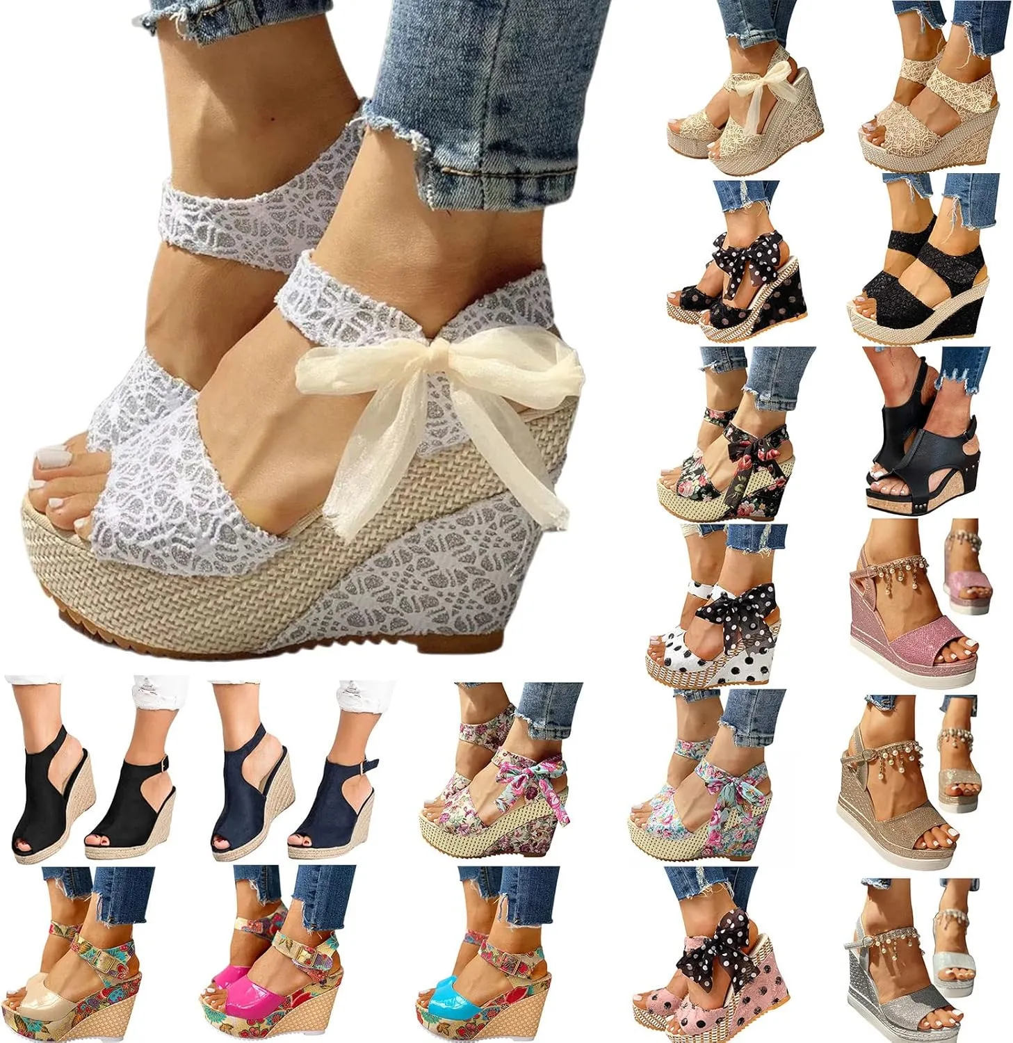 Womens Espadrille Wedges Sandals Heels Open Toe Tie Lace Up Platform Ankle Strap Summer Dress Shoes, Elegant Polka Dot Print Bowknot Wedge Sandals
