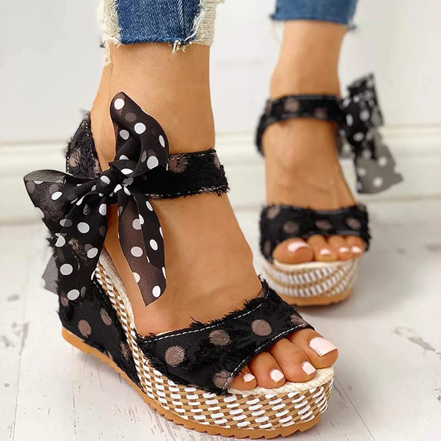 Womens Espadrille Wedges Sandals Heels Open Toe Tie Lace Up Platform Ankle Strap Summer Dress Shoes, Elegant Polka Dot Print Bowknot Wedge Sandals