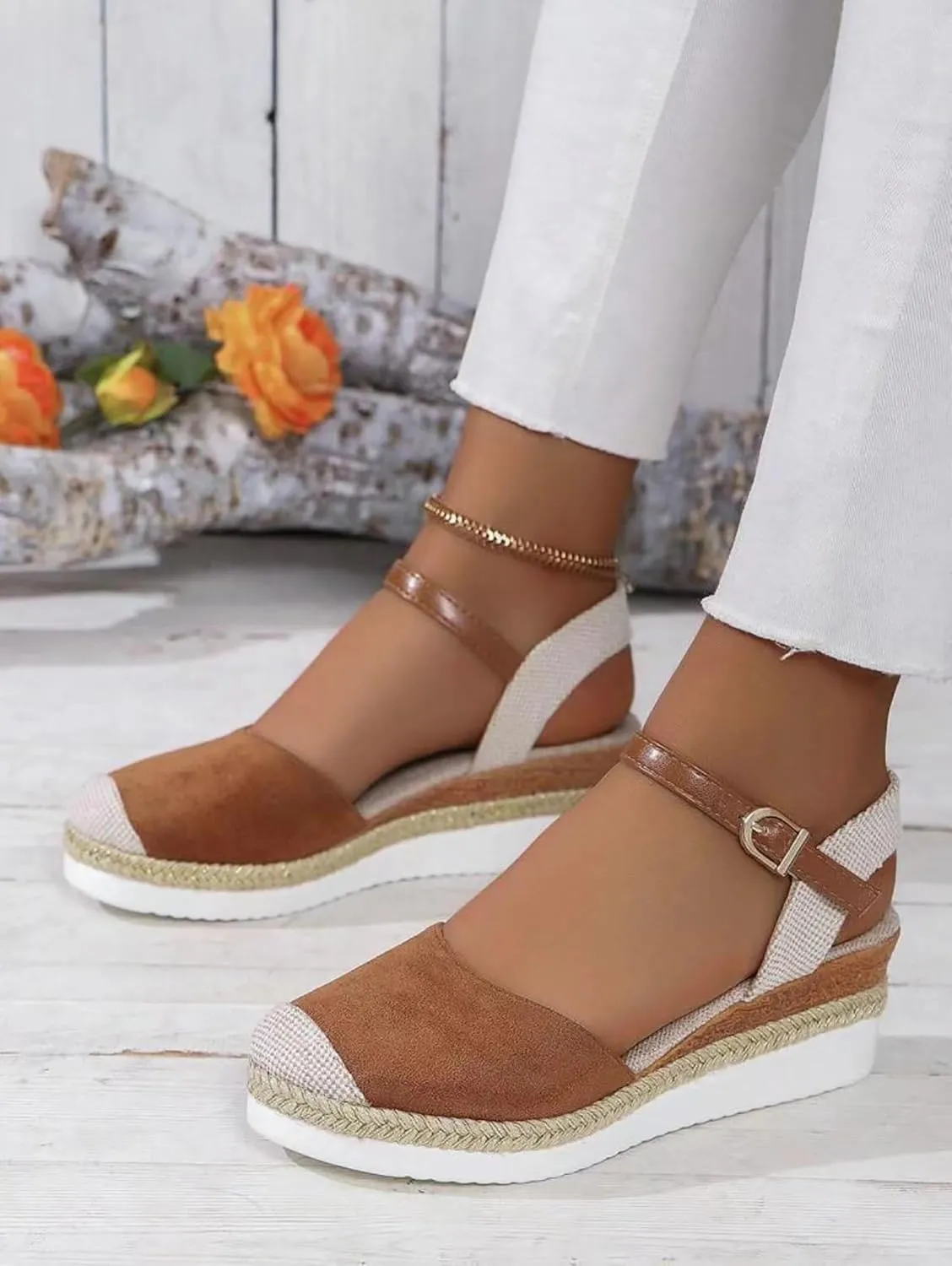 Women's Espadrilles Platform Wedge Sandals, Summer Closed Toe Buckle Ankle Strap Beach Comfortable Walking Shoes