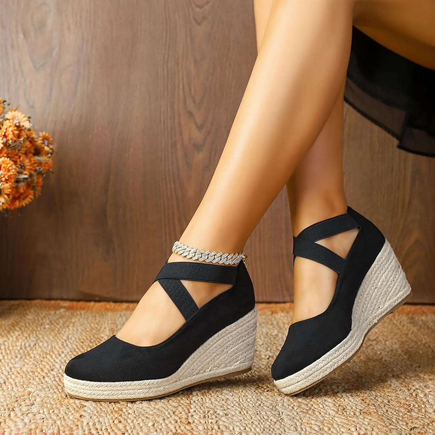 Womens Espadrilles Sandals, Closed Toe Platform for Women Slip on Elastic Ankle Strap Casual Comfortable Wedge Sandals