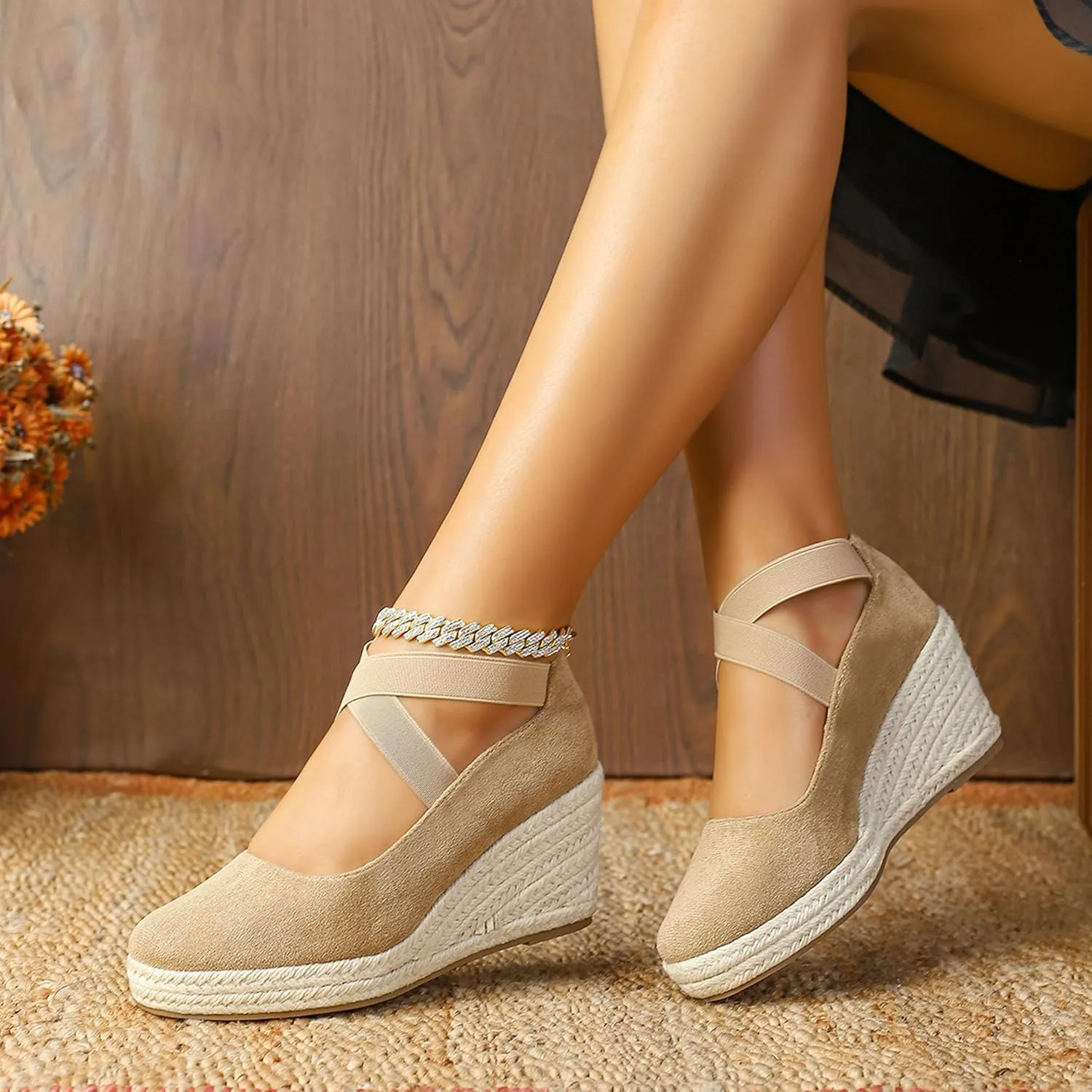 Womens Espadrilles Sandals, Closed Toe Platform for Women Slip on Elastic Ankle Strap Casual Comfortable Wedge Sandals
