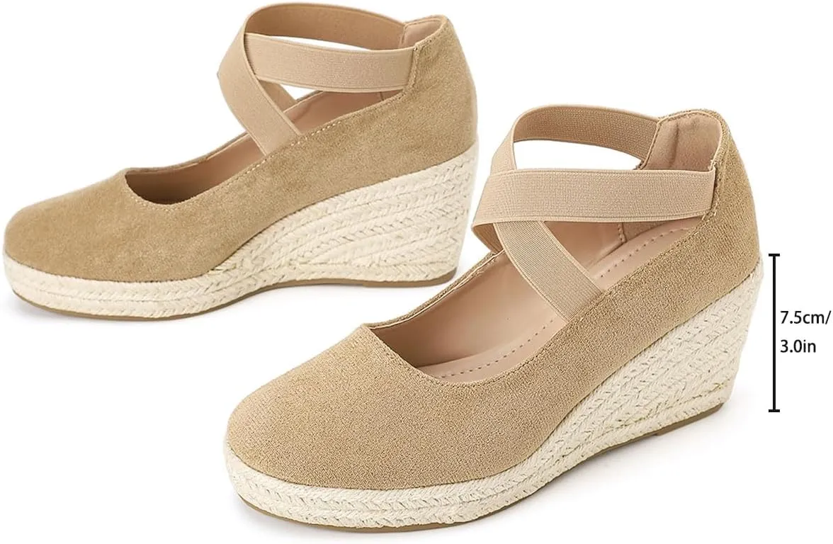 Womens Espadrilles Sandals, Closed Toe Platform for Women Slip on Elastic Ankle Strap Casual Comfortable Wedge Sandals