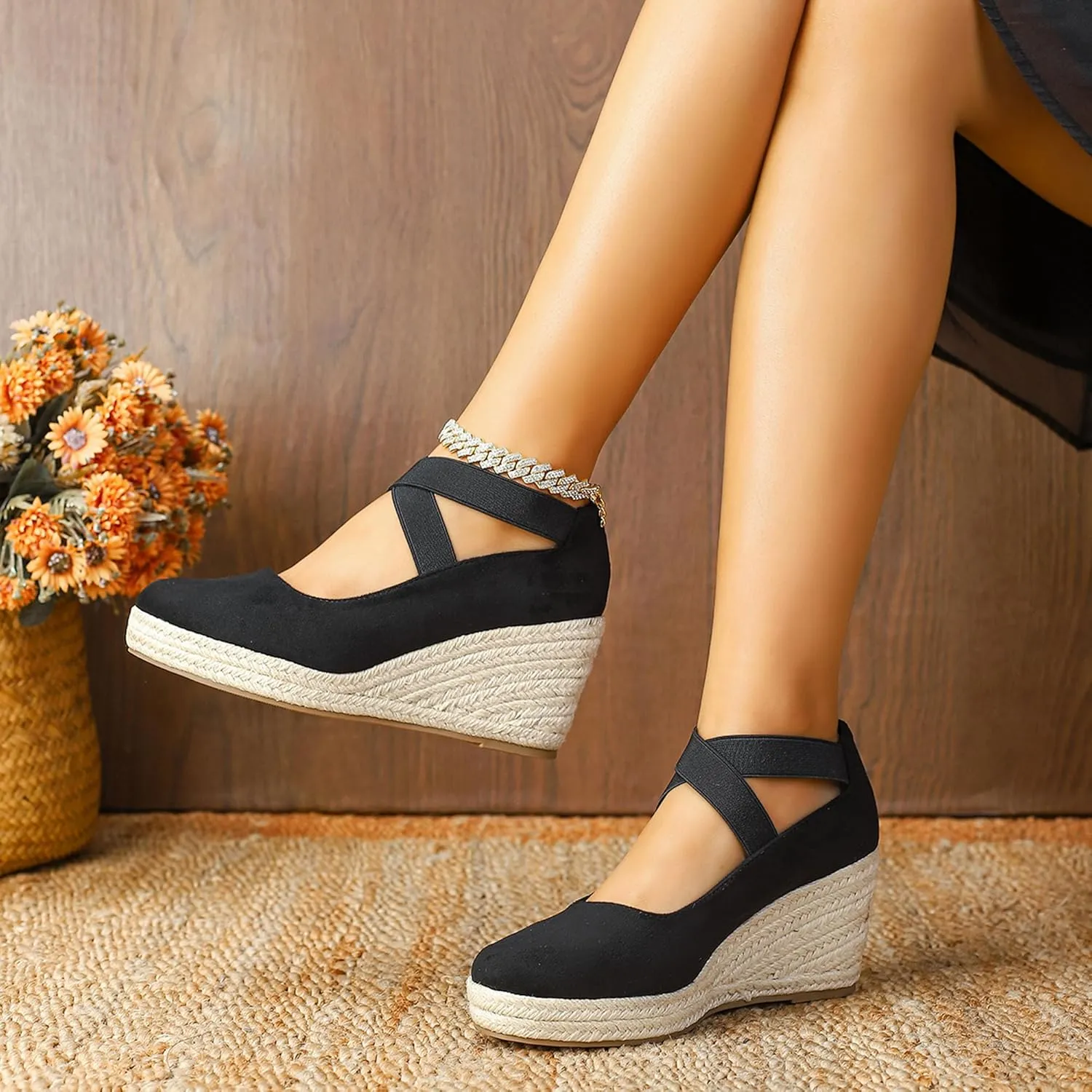 Womens Espadrilles Sandals, Closed Toe Platform for Women Slip on Elastic Ankle Strap Casual Comfortable Wedge Sandals