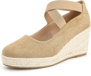 Womens Espadrilles Sandals, Closed Toe Platform for Women Slip on Elastic Ankle Strap Casual Comfortable Wedge Sandals