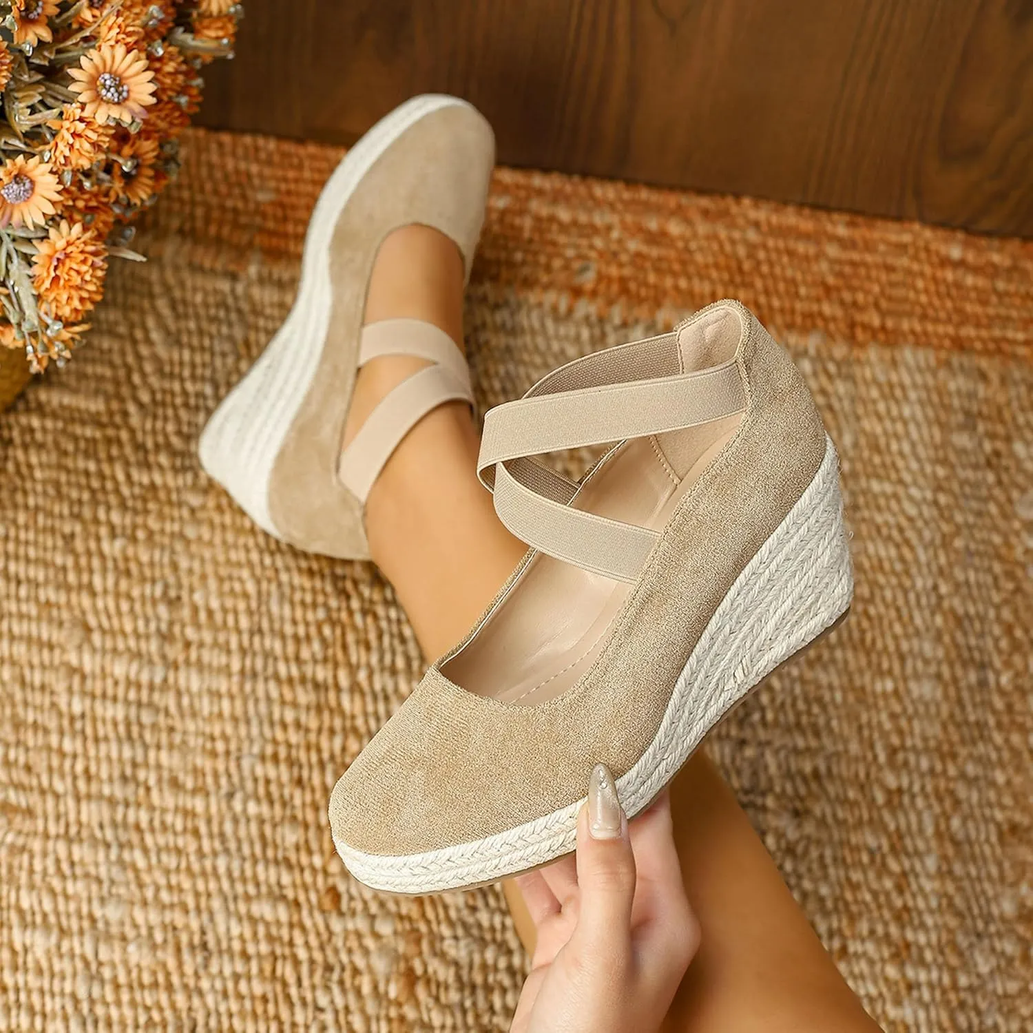 Womens Espadrilles Sandals, Closed Toe Platform for Women Slip on Elastic Ankle Strap Casual Comfortable Wedge Sandals