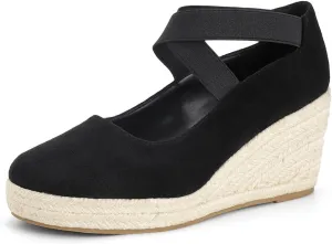 Womens Espadrilles Sandals, Closed Toe Platform for Women Slip on Elastic Ankle Strap Casual Comfortable Wedge Sandals