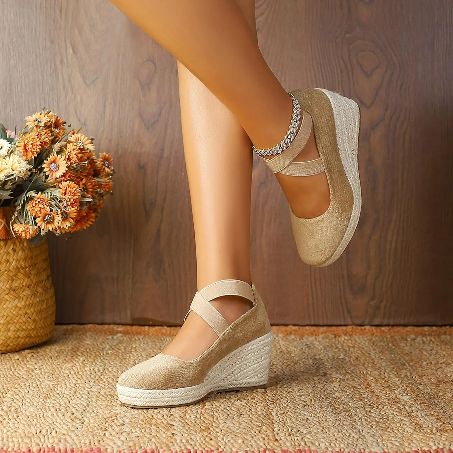 Womens Espadrilles Sandals, Closed Toe Platform for Women Slip on Elastic Ankle Strap Casual Comfortable Wedge Sandals