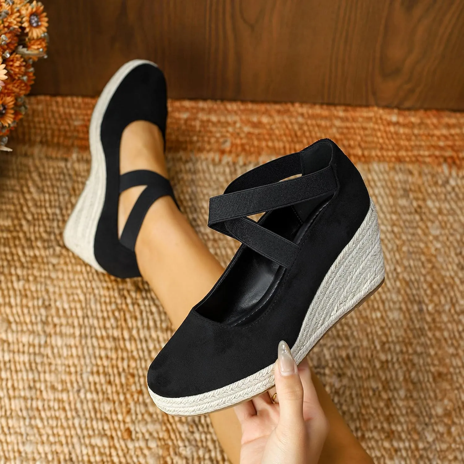 Womens Espadrilles Sandals, Closed Toe Platform for Women Slip on Elastic Ankle Strap Casual Comfortable Wedge Sandals