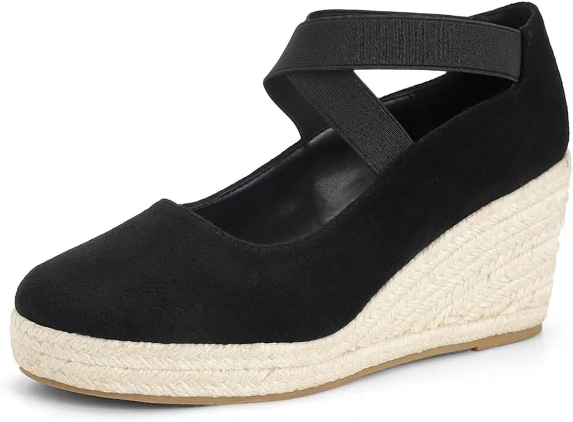 Womens Espadrilles Sandals, Closed Toe Platform for Women Slip on Elastic Ankle Strap Casual Comfortable Wedge Sandals