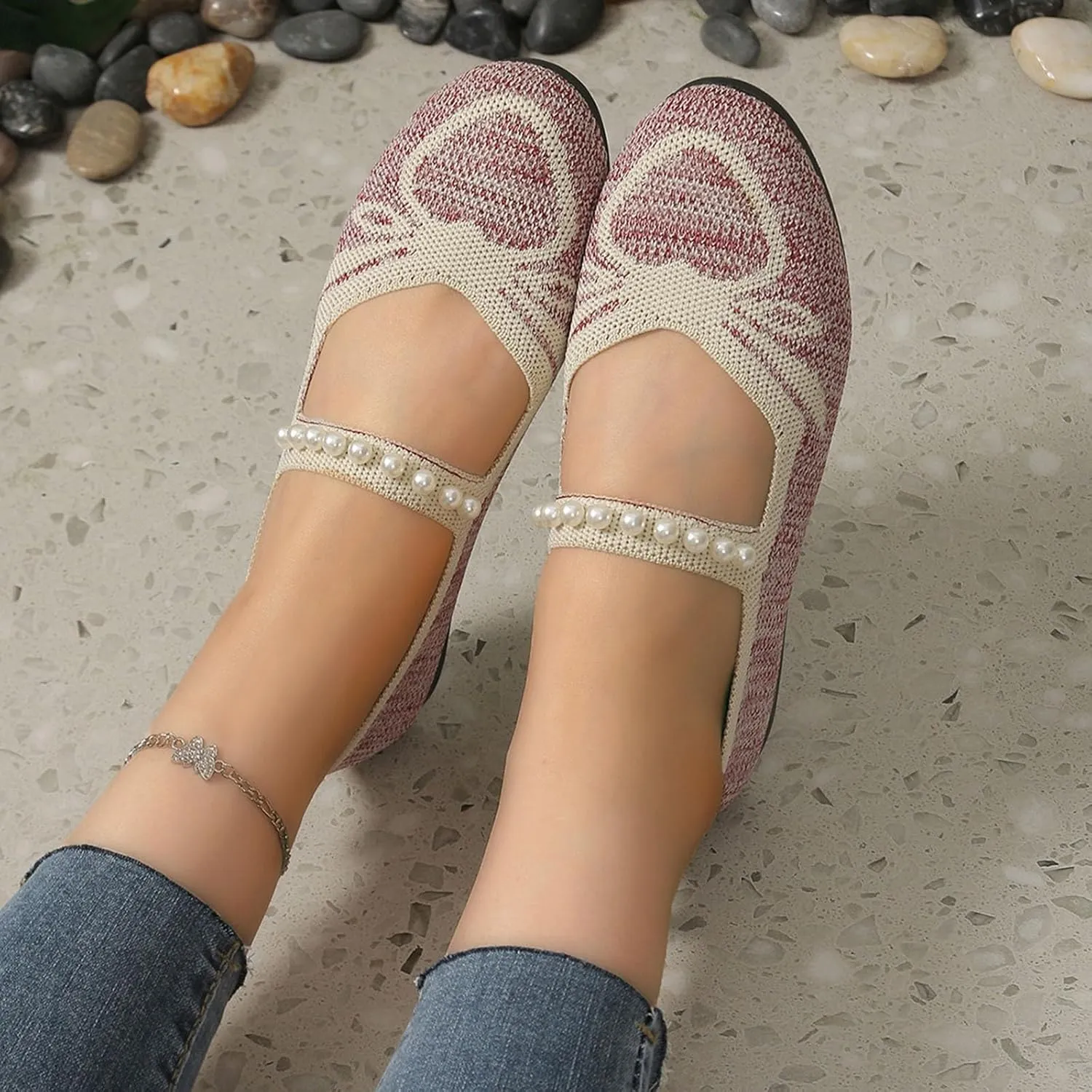 Women's Fashion Knit Mesh Pearl Decorative Flats Dressy Shoes Round Head Easy Slip On Casual Shoes for Work, Party