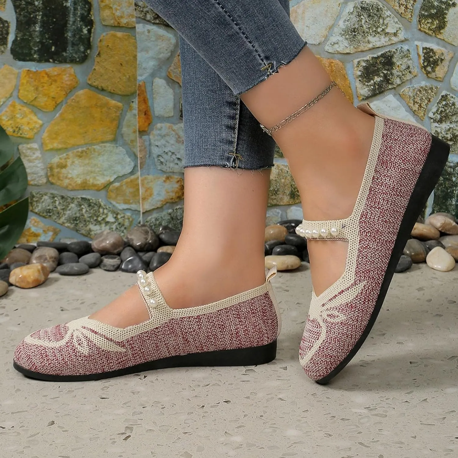 Women's Fashion Knit Mesh Pearl Decorative Flats Dressy Shoes Round Head Easy Slip On Casual Shoes for Work, Party