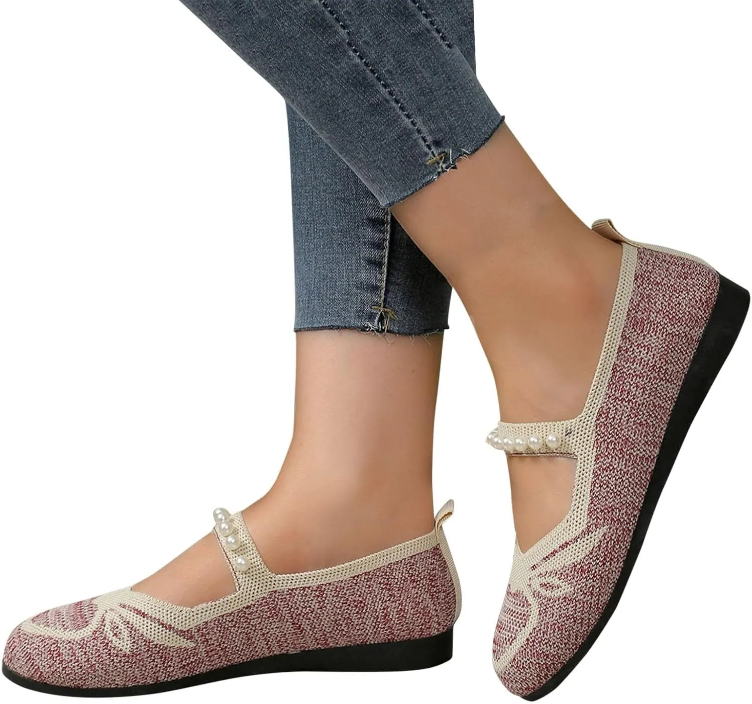Women's Fashion Knit Mesh Pearl Decorative Flats Dressy Shoes Round Head Easy Slip On Casual Shoes for Work, Party
