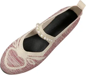 Women's Fashion Knit Mesh Pearl Decorative Flats Dressy Shoes Round Head Easy Slip On Casual Shoes for Work, Party