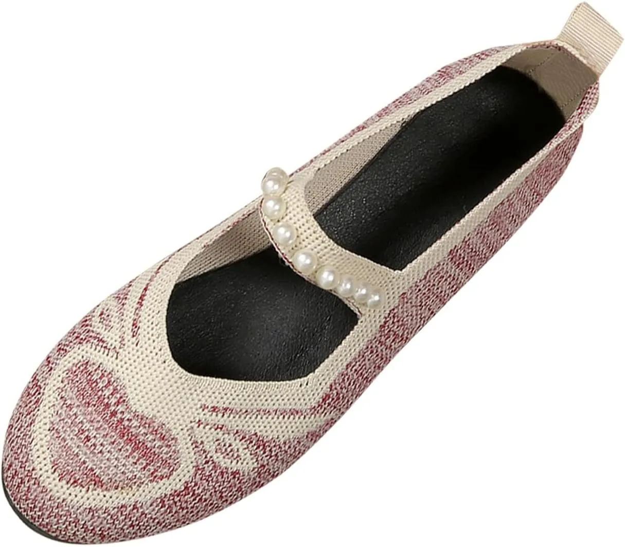 Women's Fashion Knit Mesh Pearl Decorative Flats Dressy Shoes Round Head Easy Slip On Casual Shoes for Work, Party