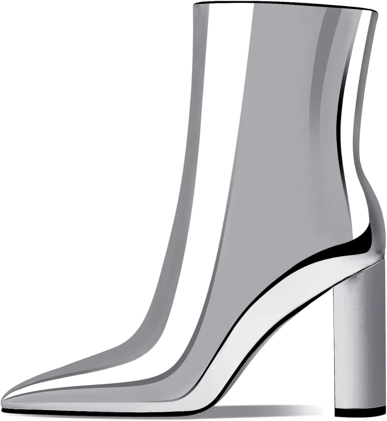 Women's Fashion Silver Chunky Ankle Boots Pointed Toe High Heel Metal Mirror Short Booties