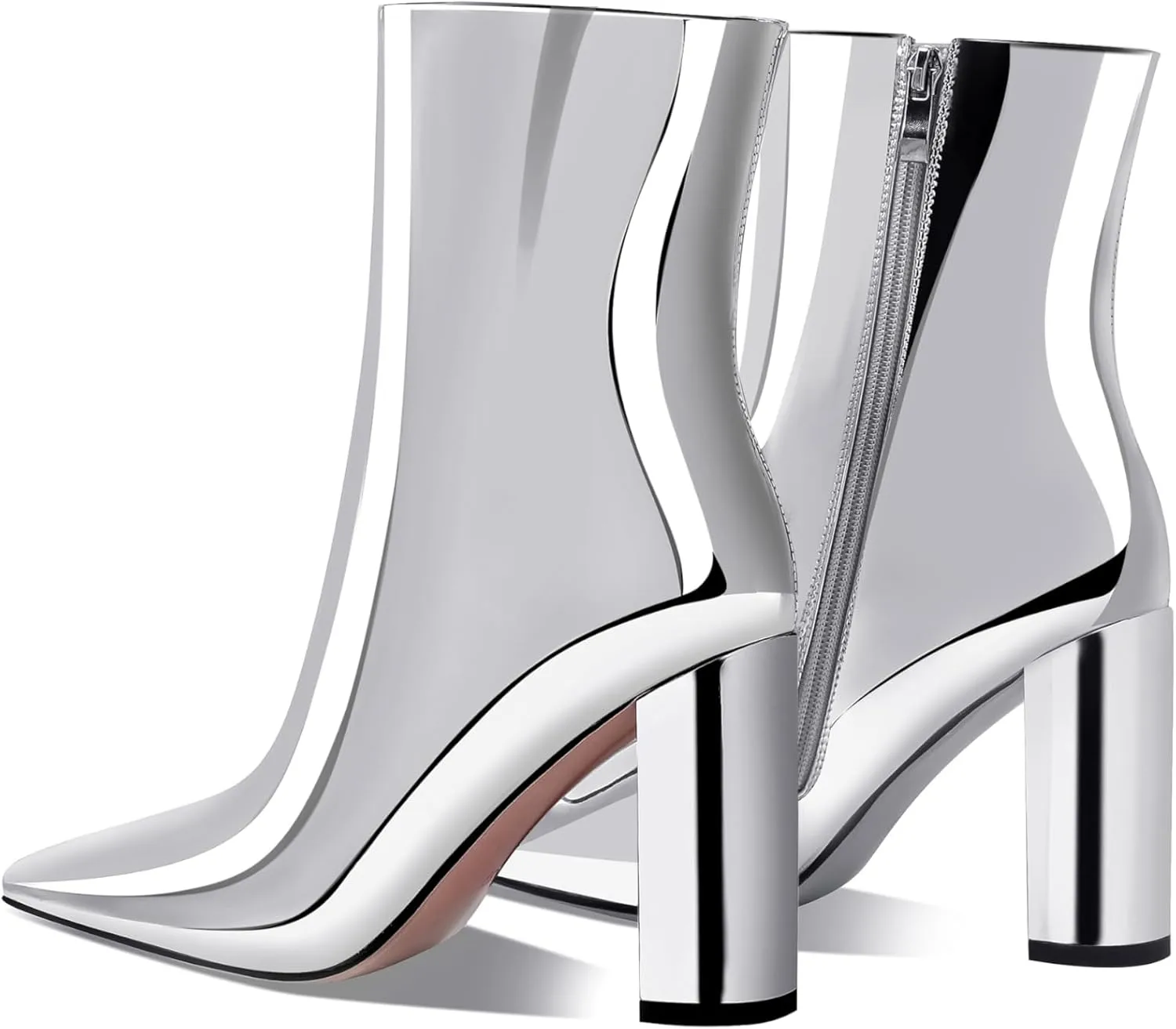 Women's Fashion Silver Chunky Ankle Boots Pointed Toe High Heel Metal Mirror Short Booties