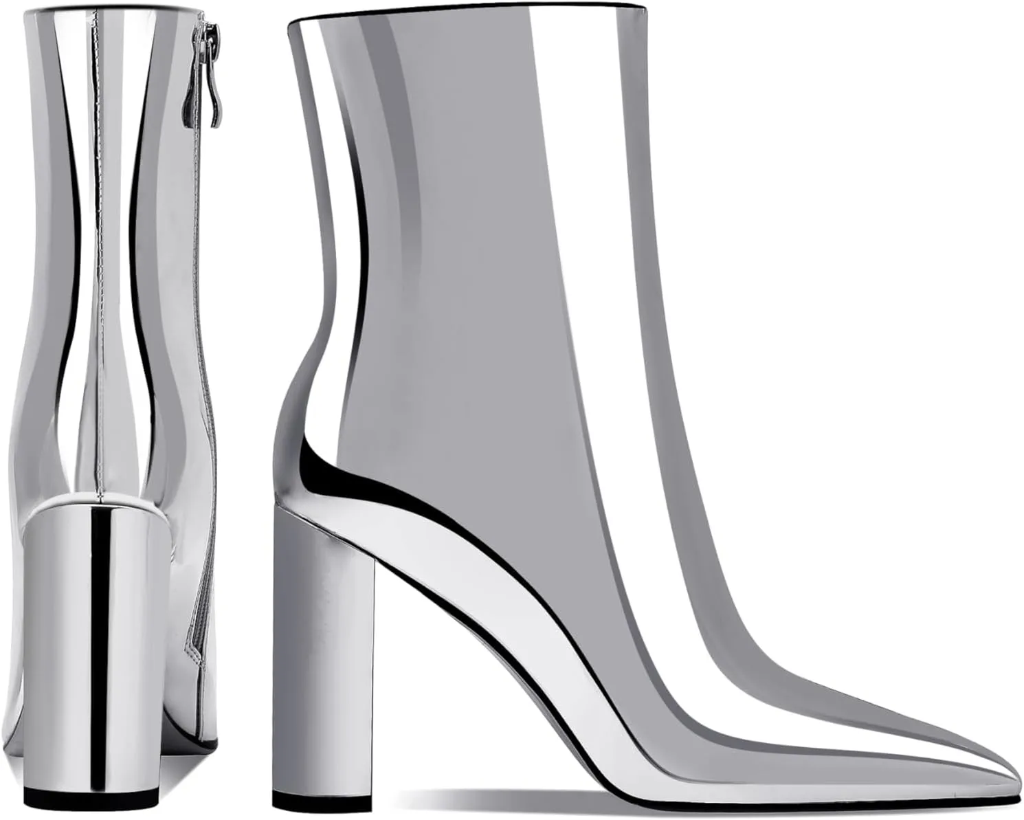 Women's Fashion Silver Chunky Ankle Boots Pointed Toe High Heel Metal Mirror Short Booties