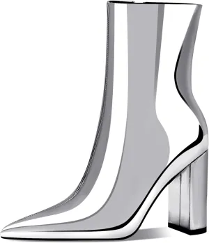 Women's Fashion Silver Chunky Ankle Boots Pointed Toe High Heel Metal Mirror Short Booties