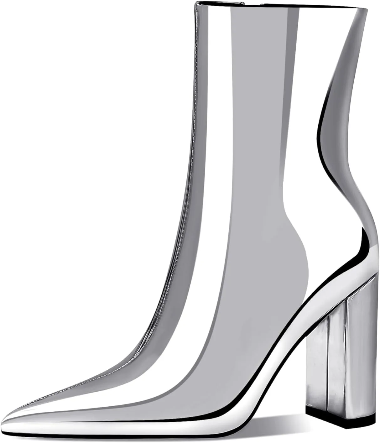 Women's Fashion Silver Chunky Ankle Boots Pointed Toe High Heel Metal Mirror Short Booties
