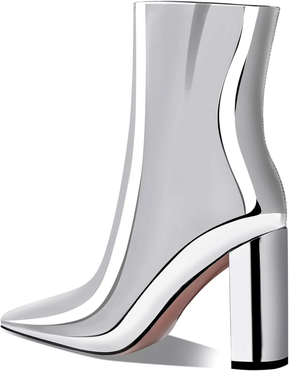 Women's Fashion Silver Chunky Ankle Boots Pointed Toe High Heel Metal Mirror Short Booties