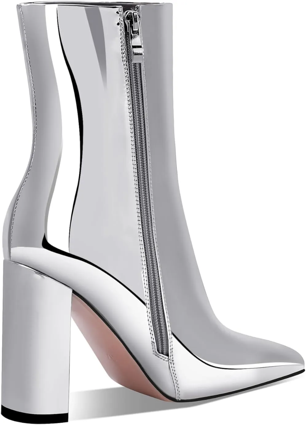 Women's Fashion Silver Chunky Ankle Boots Pointed Toe High Heel Metal Mirror Short Booties