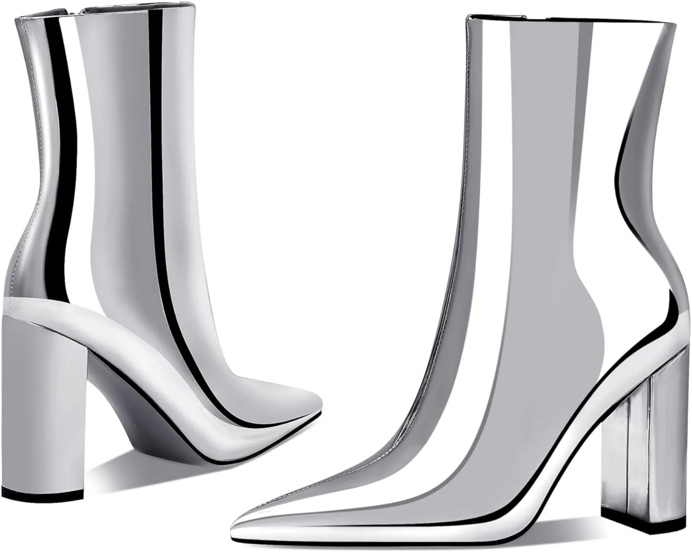 Women's Fashion Silver Chunky Ankle Boots Pointed Toe High Heel Metal Mirror Short Booties