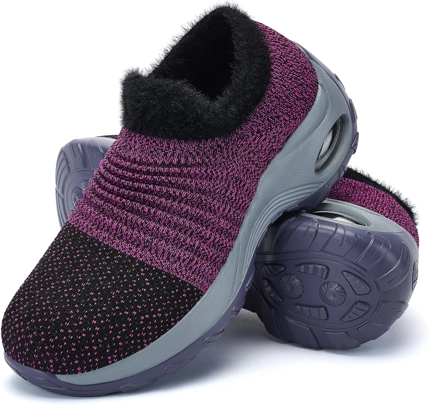 Women's Fleece Walking Shoes, Winter Warm Sock Sneakers, Pull On Mesh Air Cushion Platform
