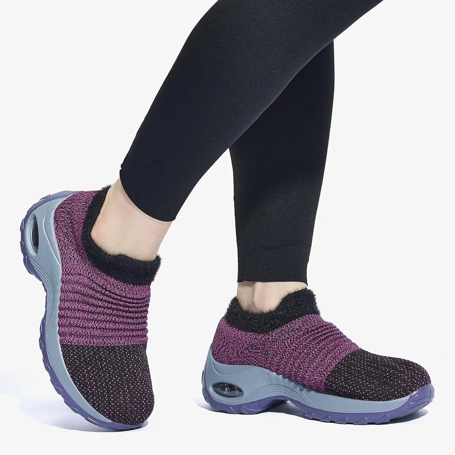 Women's Fleece Walking Shoes, Winter Warm Sock Sneakers, Pull On Mesh Air Cushion Platform