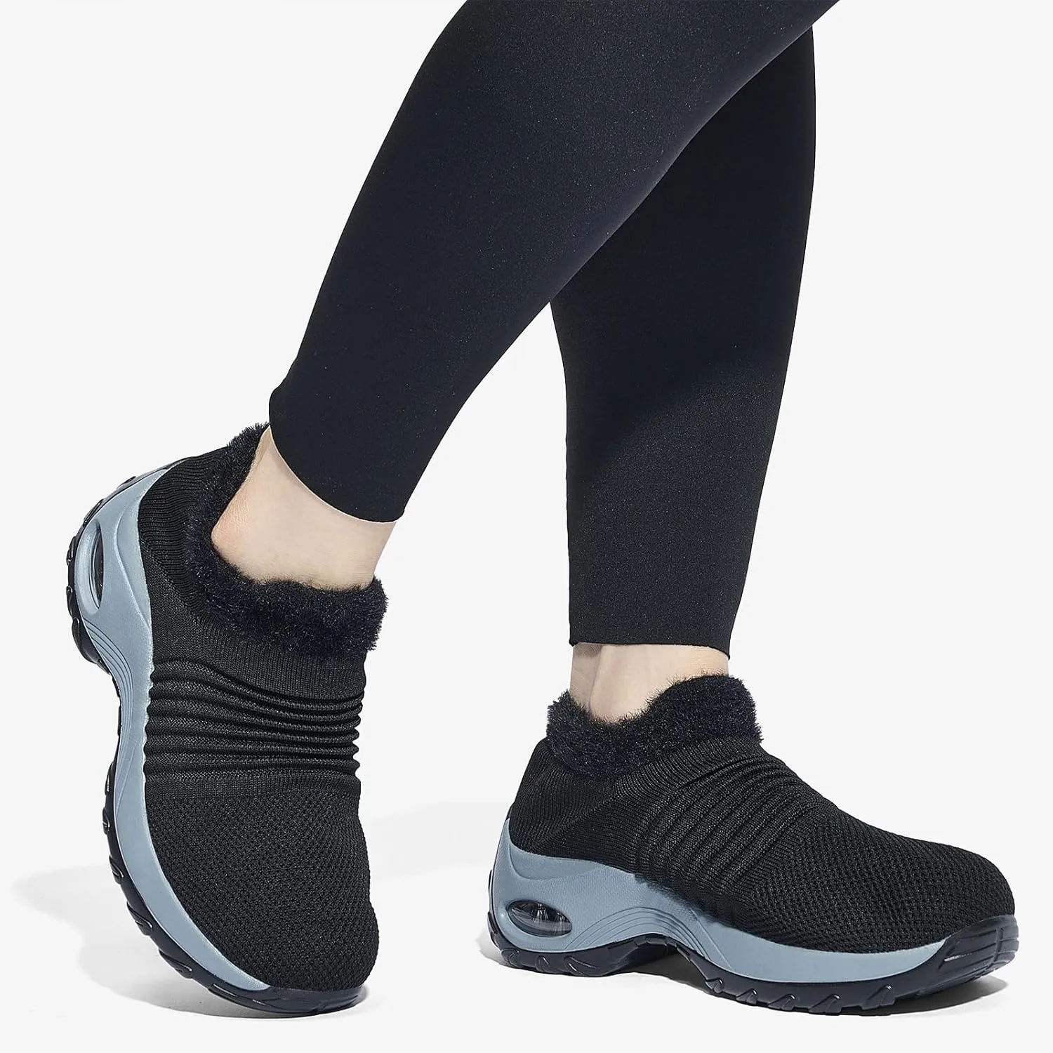 Women's Fleece Walking Shoes, Winter Warm Sock Sneakers, Pull On Mesh Air Cushion Platform