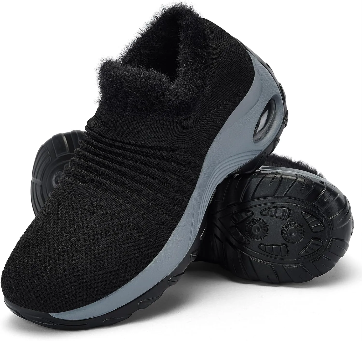 Women's Fleece Walking Shoes, Winter Warm Sock Sneakers, Pull On Mesh Air Cushion Platform
